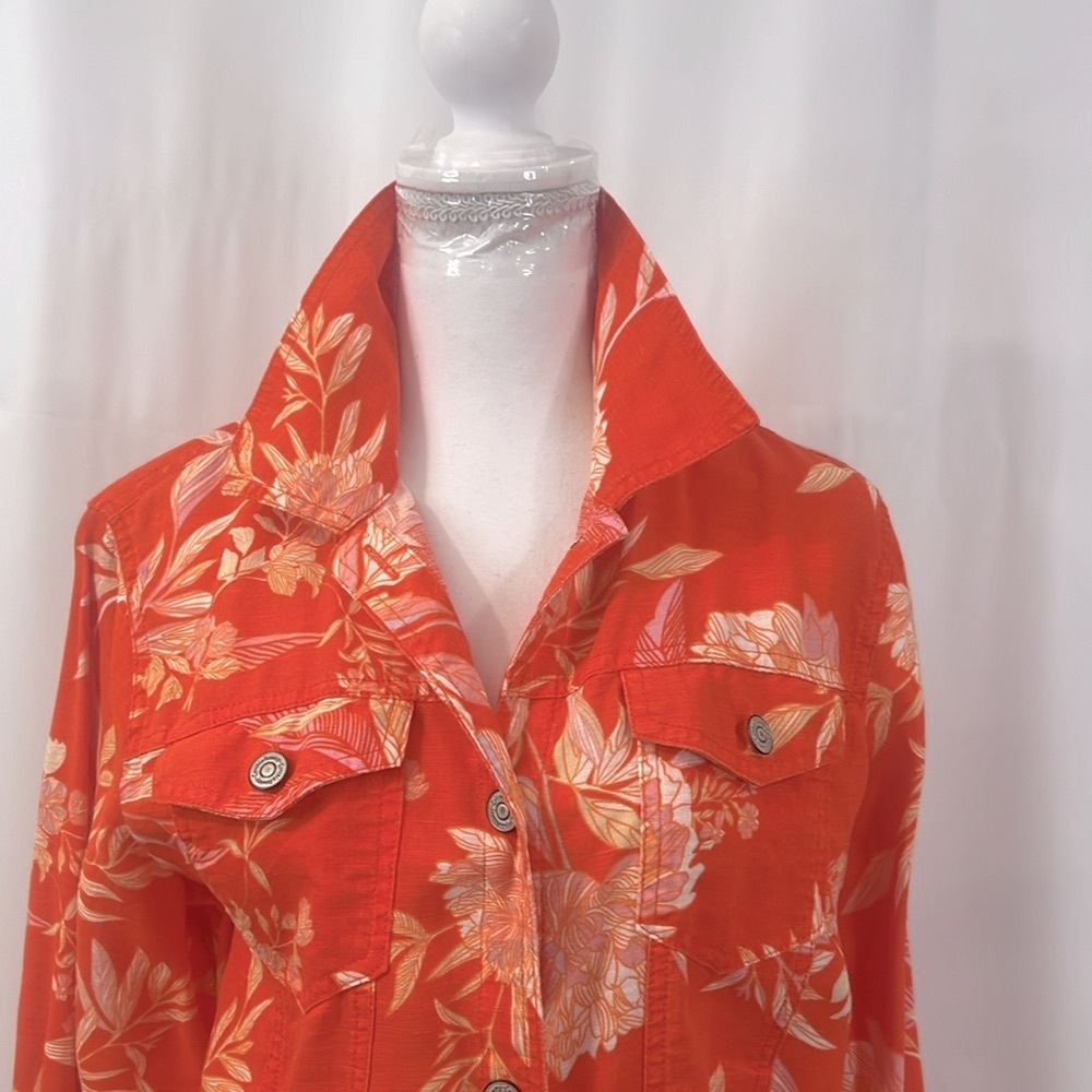 100% LINEN Cynthia Rowley Bright Orange Floral Button Down Shirt